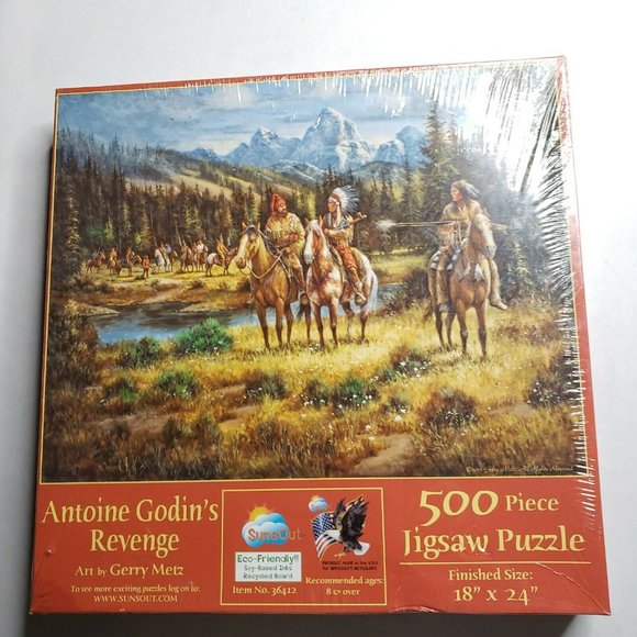 500 Piece Jigsaw Puzzle Antoine Godin's Revenge ArtGerry Metz Native American